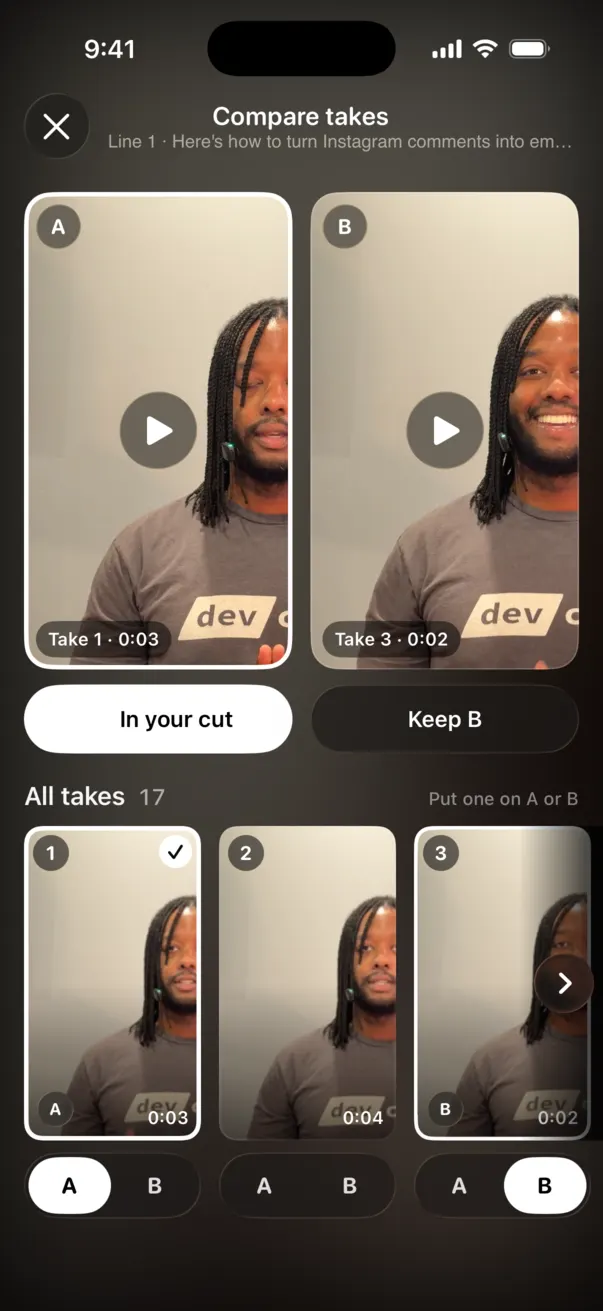 Compare takes A and B side by side.